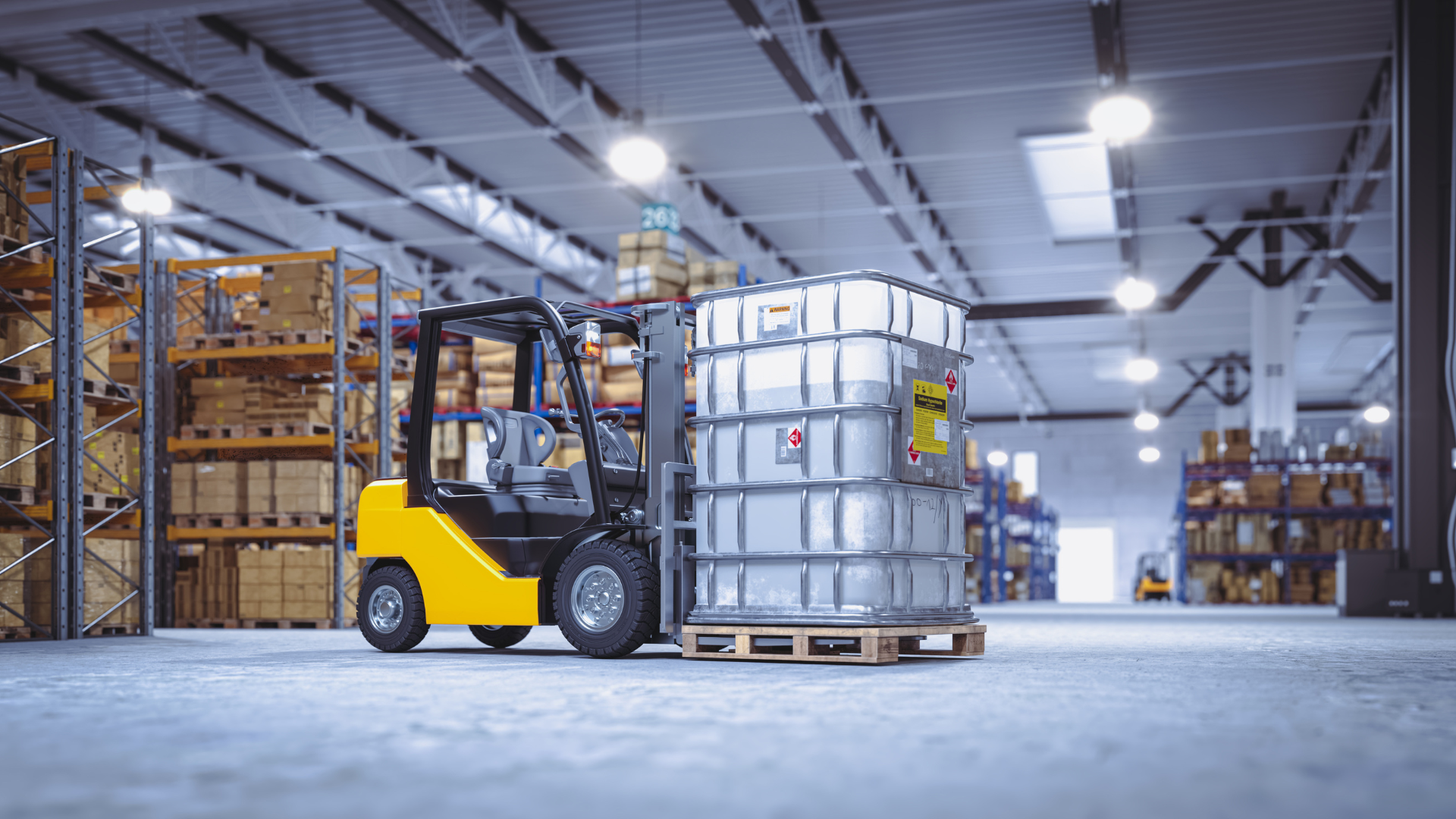 Forklift lifting a storage container on a pallet in a warehouse environment with shelves in the background.