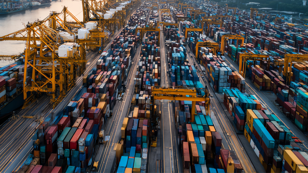 Aerial view of a busy shipping yard filled with colorful shipping containers and cranes.
